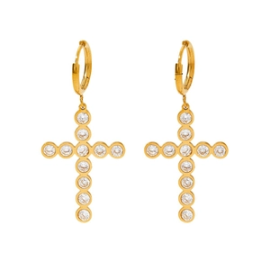 Gold stainless steel cross earrings set with clear sparkling zircon stones on white background