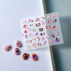 Autocollants 3D en relief avec filles, fleurs et nœuds pour manucure DIY créative