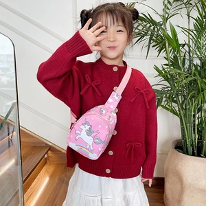 Cute pink unicorn crossbody chest bag for kids featuring colorful rainbow patterns