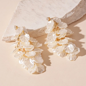 Elegant white acrylic petal tassel earrings with zircon studs and gold chain