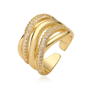 Luxurious 18K gold-plated irregular triple-layer open ring with sparkling crystal zircons