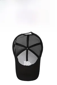 Detail view of cotton inner band and breathable mesh on black camouflage baseball cap