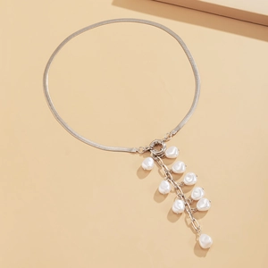 Baroque silver snake chain necklace with elegant faux pearl tassels and ring clasp
