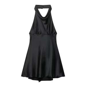 Elegant black satin halter neck midi dress with silky texture and smooth finish