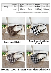 Detailed size chart and material specs for houndstooth and checkered crossbody bag
