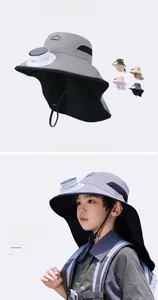 Close-up of kids sun hat featuring a solar-powered cooling fan and wide neck flap