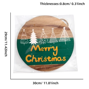 Targa natalizia rotonda in legno con alberi bianchi e scritta Merry Christmas in giallo