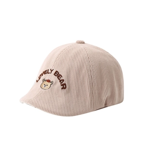 Corduroy baby beret with cute bear embroidery and 'LOVELY BEAR' text for 1-3 years old