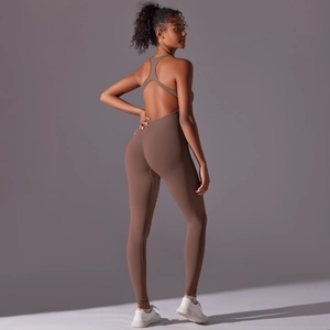 Close-up of seamless ribbed texture and open back design on the coffee brown yoga jumpsuit