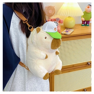 Detail of cute Capybara plush backpack with white hat and orange letter C logo