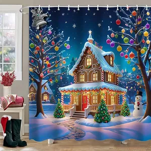 Rideau de douche de Noël imperméable avec maison en pain d'épice et bonhomme de neige hiver