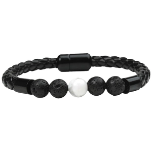 Men's braided leather bracelet with lava stone beads and white marble bead with magnetic clasp
