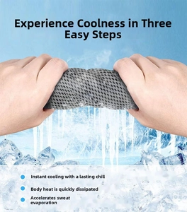 Dynamic view of squeezing a grey cooling towel with ice and mist for instant relief