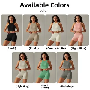 Detailansicht der nahtlosen High-Waist Yoga-Sets in sieben verschiedenen Uni-Farben