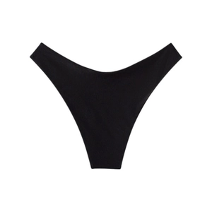 Detailed view of black high-cut V-shaped seamless bikini bottom with textured swim fabric