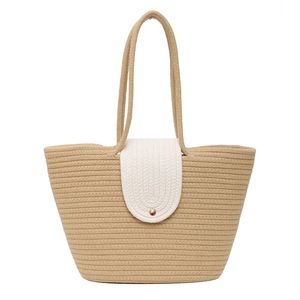 Handwoven straw bucket bag with khaki cotton rope texture and white flap closure
