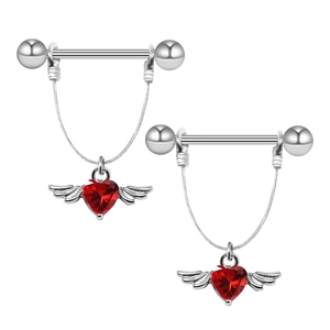 Piercings de mamelon en acier avec pendentifs coeur rouge et ailes argentées ciselées