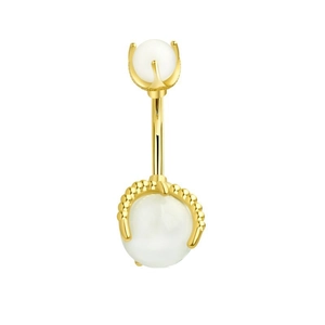 Gold belly ring with white round stones and grainy metallic bezel detail on white backdrop