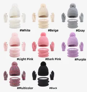 Detailed set of knit hat, scarf, and gloves with warm fleece lining in eight colors
