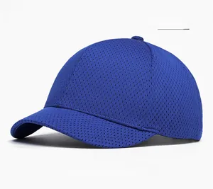 Macro detail of the breathable mesh fabric texture on this navy blue baseball cap