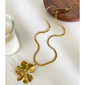 Golden stainless steel large flower pendant necklace with flat snake chain for women