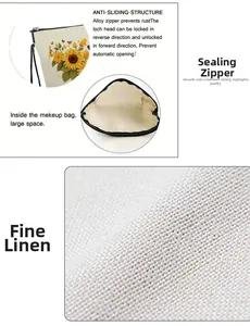 Detail of sunflower cosmetic bag featuring a smooth alloy zipper and durable linen texture