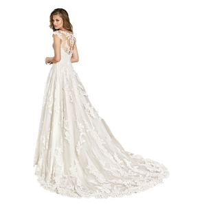 Elegant white lace A-line wedding dress with sheer back embroidery and long bridal train