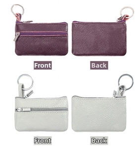Front and back views of ultra-thin pebble grain leather coin purse with key ring