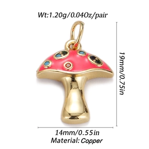 Detail of pink enamel mushroom pendant with size specs and copper material info