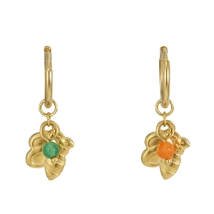 Golden hoop earrings with bee pendants featuring green and orange turquoise stones