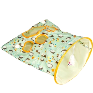 Cat tunnel toy with green hedgehog print, three peek holes and hanging plush mouse