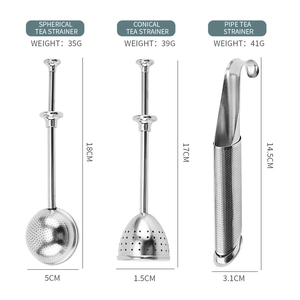 Three 304 stainless steel tea strainers in spherical, conical, and pipe shapes with sizes
