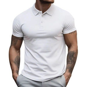 Detail of classic white men's polo shirt featuring a turn-down collar and three-button placket