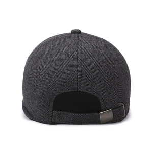 Men's winter wool baseball cap with grey herringbone pattern and metal buckle back