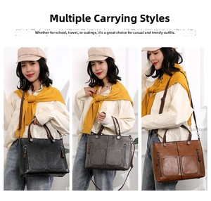 Three versatile PU leather tote bags in black, grey, and brown shown in different carry styles