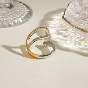 Minimalist bicolor stainless steel open ring with fluid asymmetrical cross design