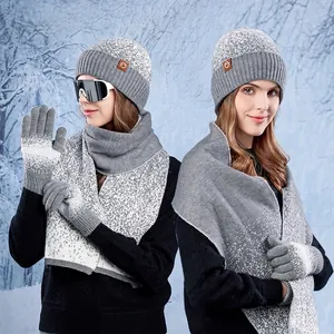 Ensemble d'hiver avec bonnet tricoté, écharpe et gants à motif de flocons gris