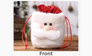 Front view of Christmas Santa drawstring bag featuring white faux fur and red glitter accents