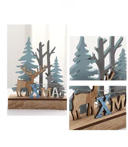 Close-up of wooden Xmas reindeer ornament with laser-cut trees and copper wire LED lights