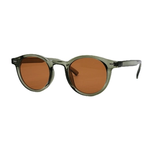 Retro-Sonnenbrille mit rundem Rahmen, grau-grünem Gestell und braunen Gläsern