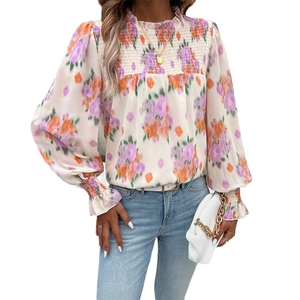 Elegant floral print long sleeve blouse for women with high collar and pleated waist detail