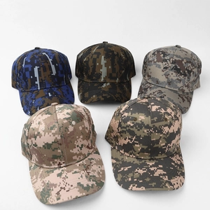 Five styles of digital camouflage cotton baseball caps shown in a group flat lay display
