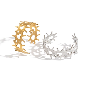 Polished 18K gold and silver stainless steel thorn textured open bangles for women