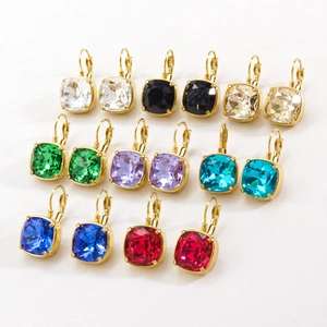14k gold plated stainless steel square hoop earrings with colorful cushion cut crystals
