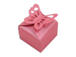 Detailed laser-cut butterfly design on rose pink pearlescent paper candy box