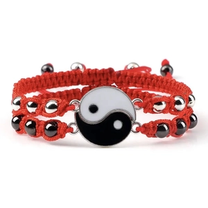 Red braided Yin Yang bracelet with magnetic Tai Chi charm and silver metal beads
