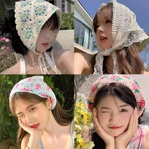 Handmade Crochet Bandana Headscarf Knitted Floral Triangle Hair Kerchief Retro Bohemian Head Wrap For Women Girls