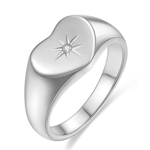 Polished silver heart signet ring in stainless steel with a star-set zircon gemstone