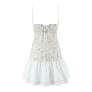 Floral print mini slip dress with white lace hem and back drawstring tie details