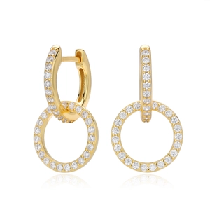 Macro shot of 925 sterling silver hoop earrings with white zircon in gold finish